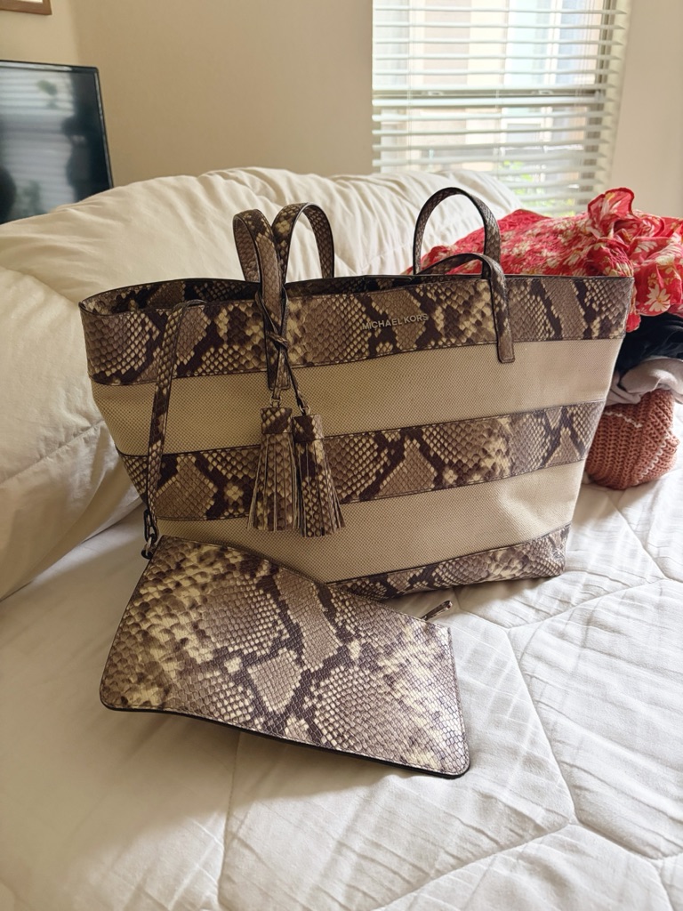 Michael Kors Beige And Brown Snake-Print Stripe Tote With Pouch